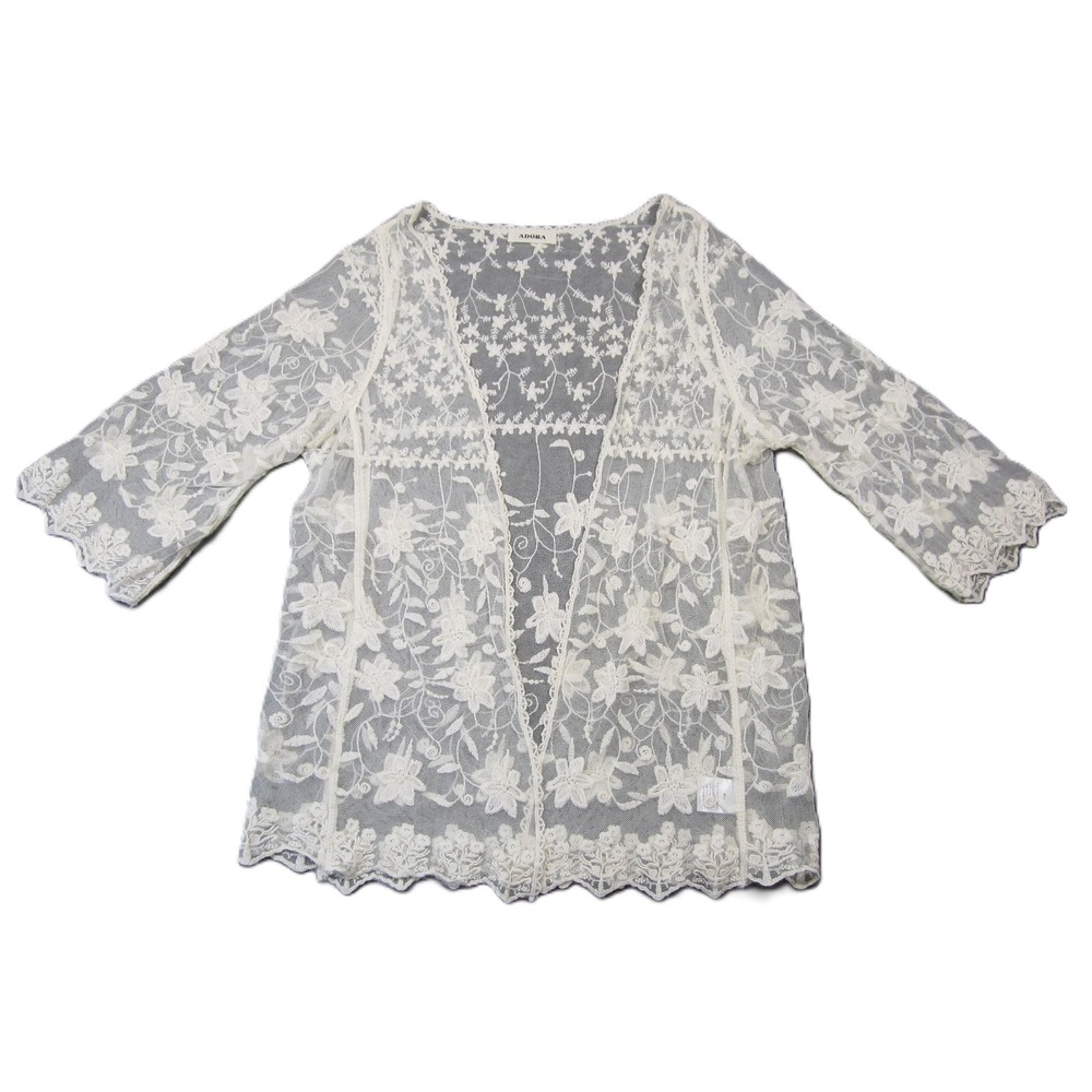 Adora Sheer Lace Top‎ M/L Cream Open Front Floral Cover-up Boho Festival Beachy